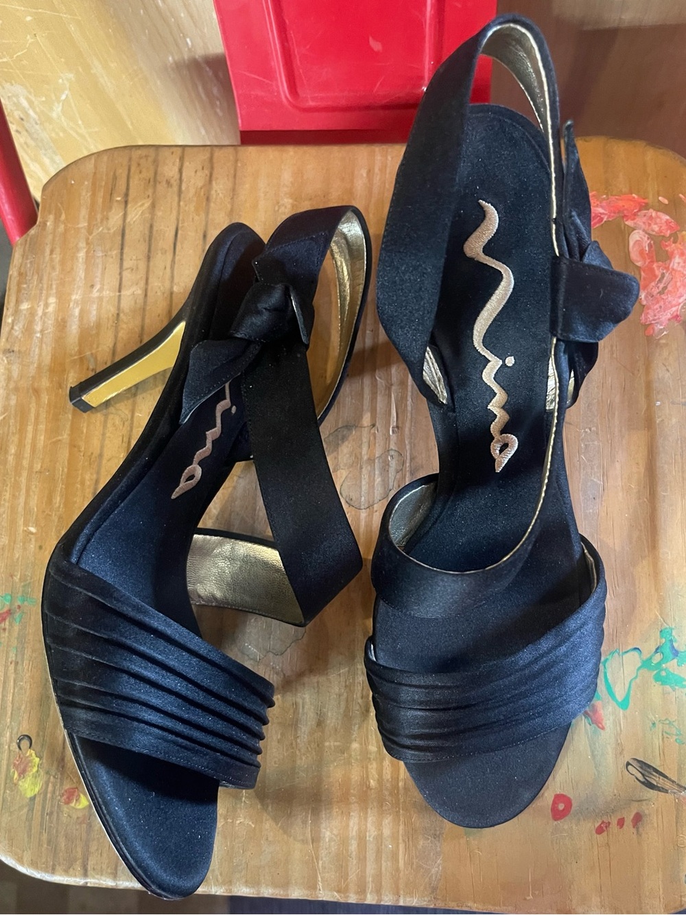 Nina Black Satin Knot Sling Heels